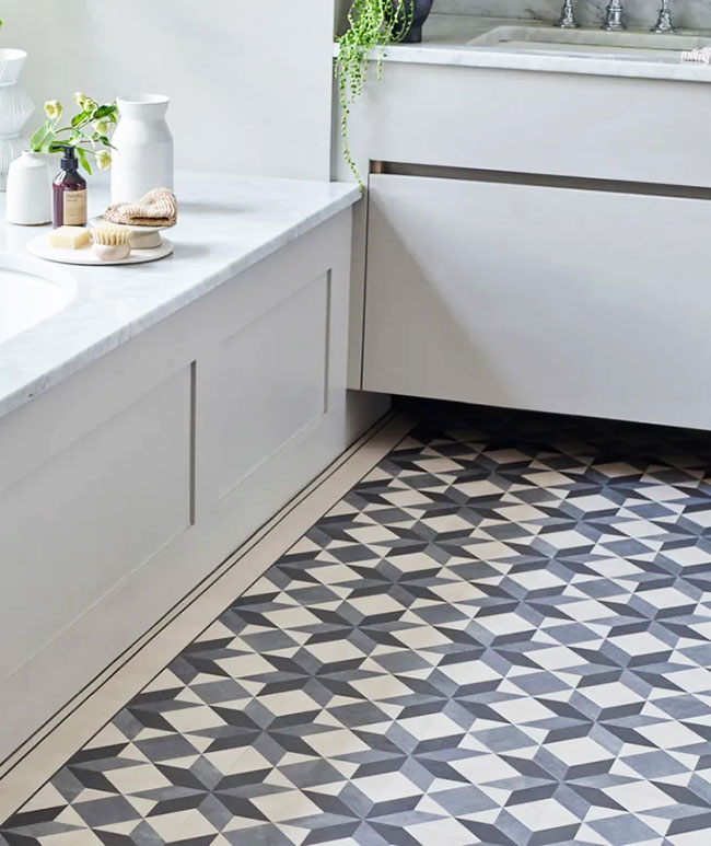 Amtico Victorian Star Bathroom flooring in blue and white diamond shapes